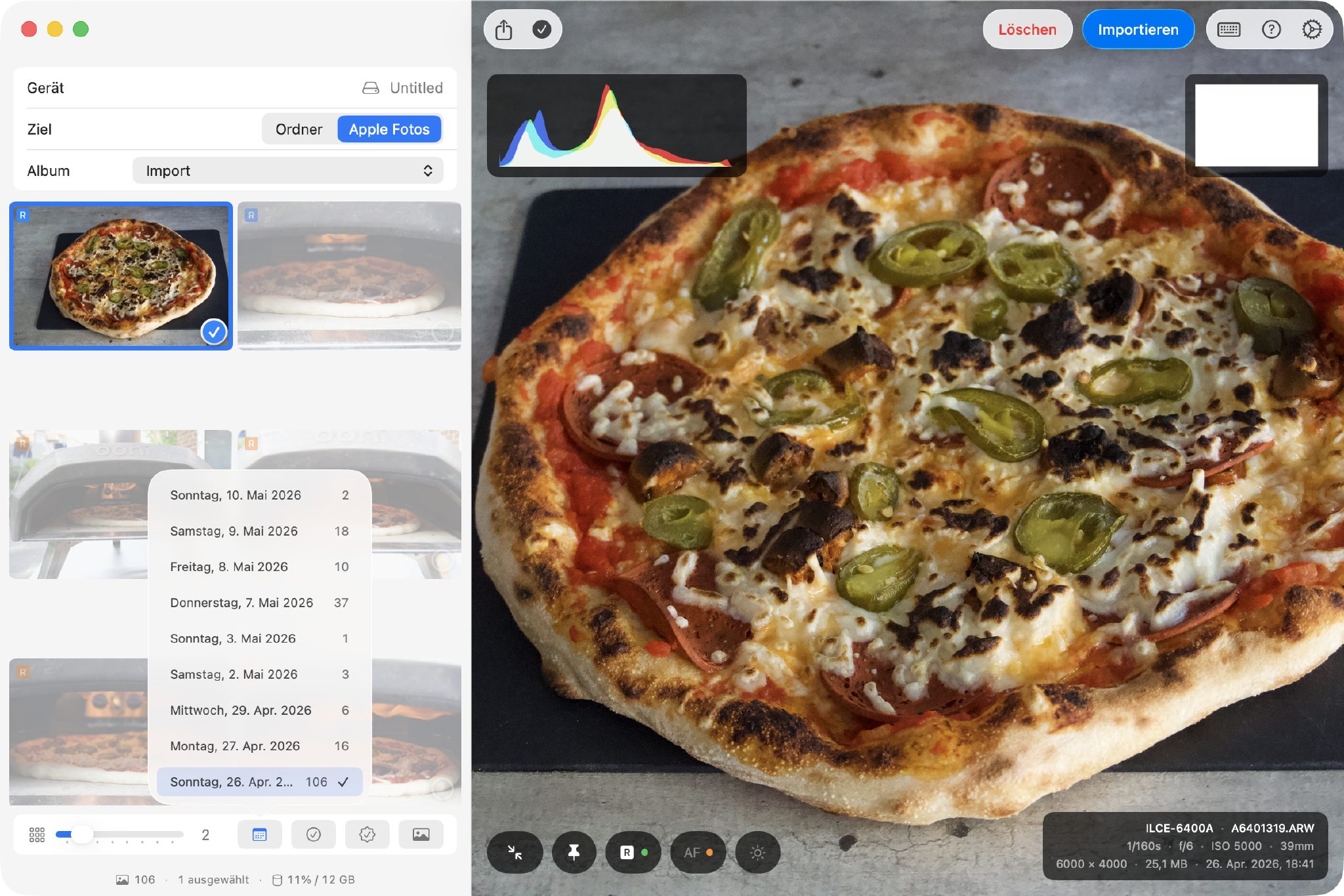 Hypo import screen with histogram overlay on a wood-fired pizza photo