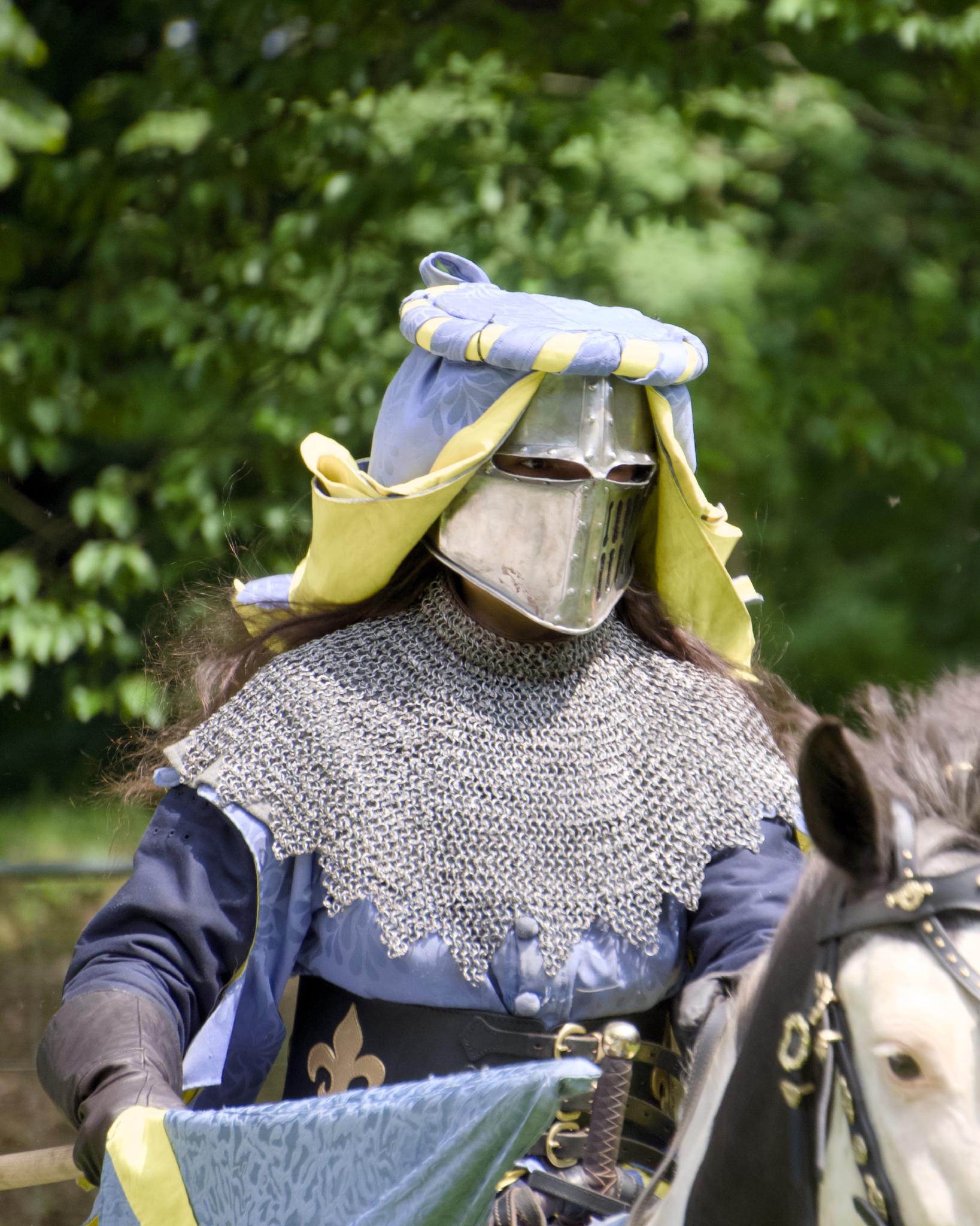 A mounted knight in a visored helmet and chainmail